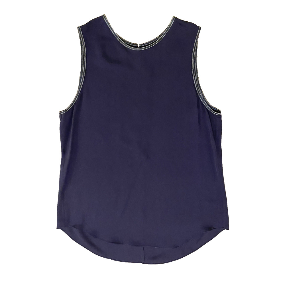 Theory Navy Blue Scoop Neck 100% Silk Tank Top Blouse Leather Trim Sz L Office